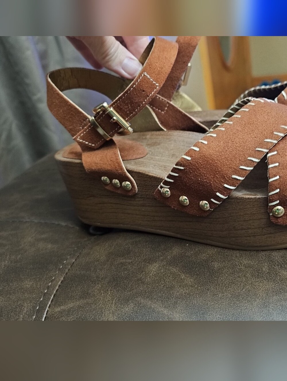 Cato Brown Suede Platform Wedge Sandals with Gold Accents